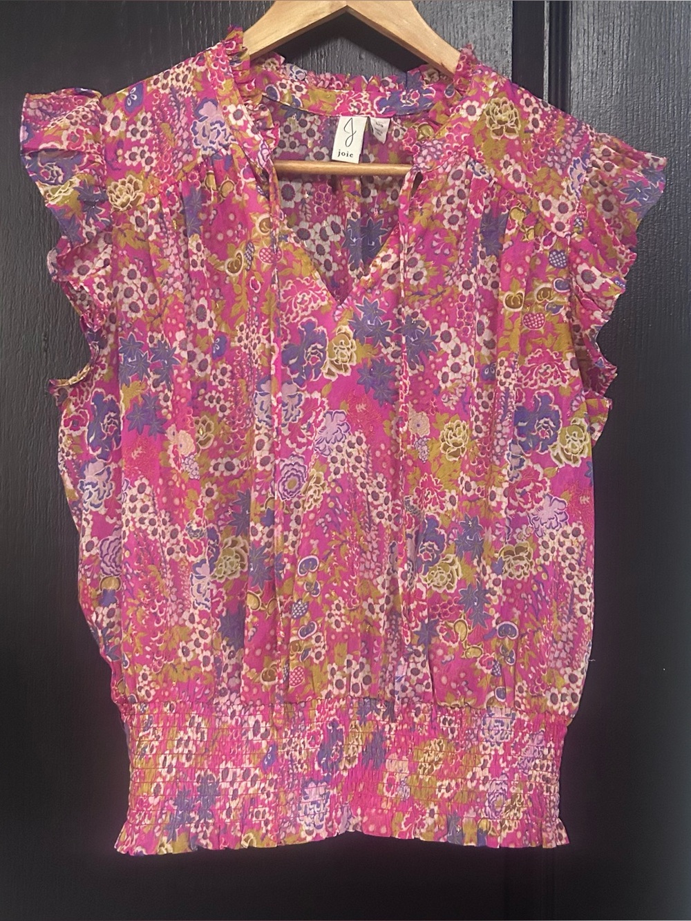 Joie Floral Blouse, Size Large, Pink, Purple, White, Green, Gold, Smocked, Sheer